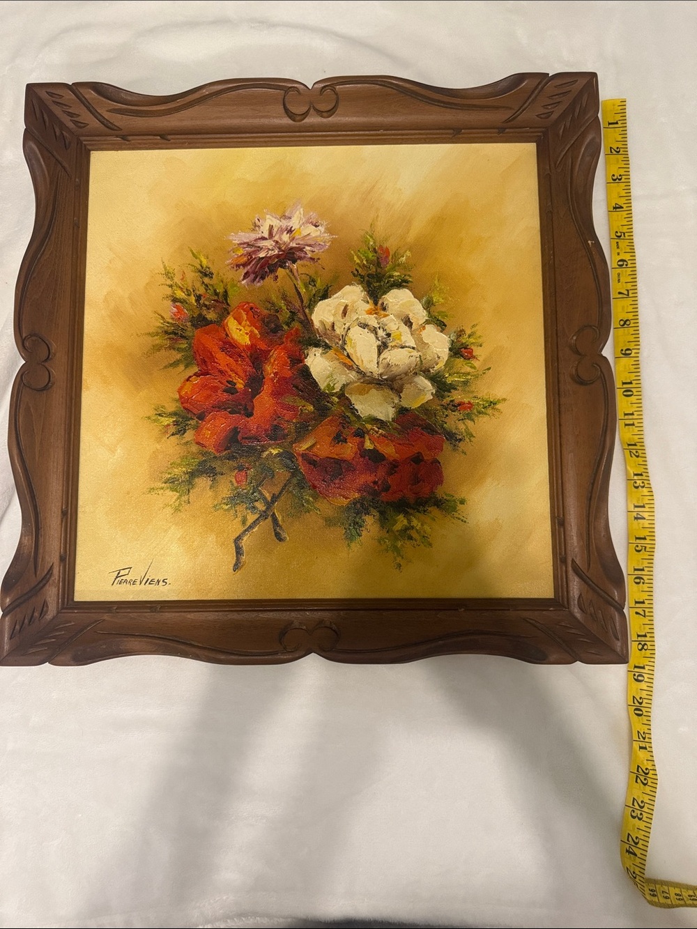 Wood-Framed Floral Wall Art - Red & White Bouquet signed by Painter PieareViens